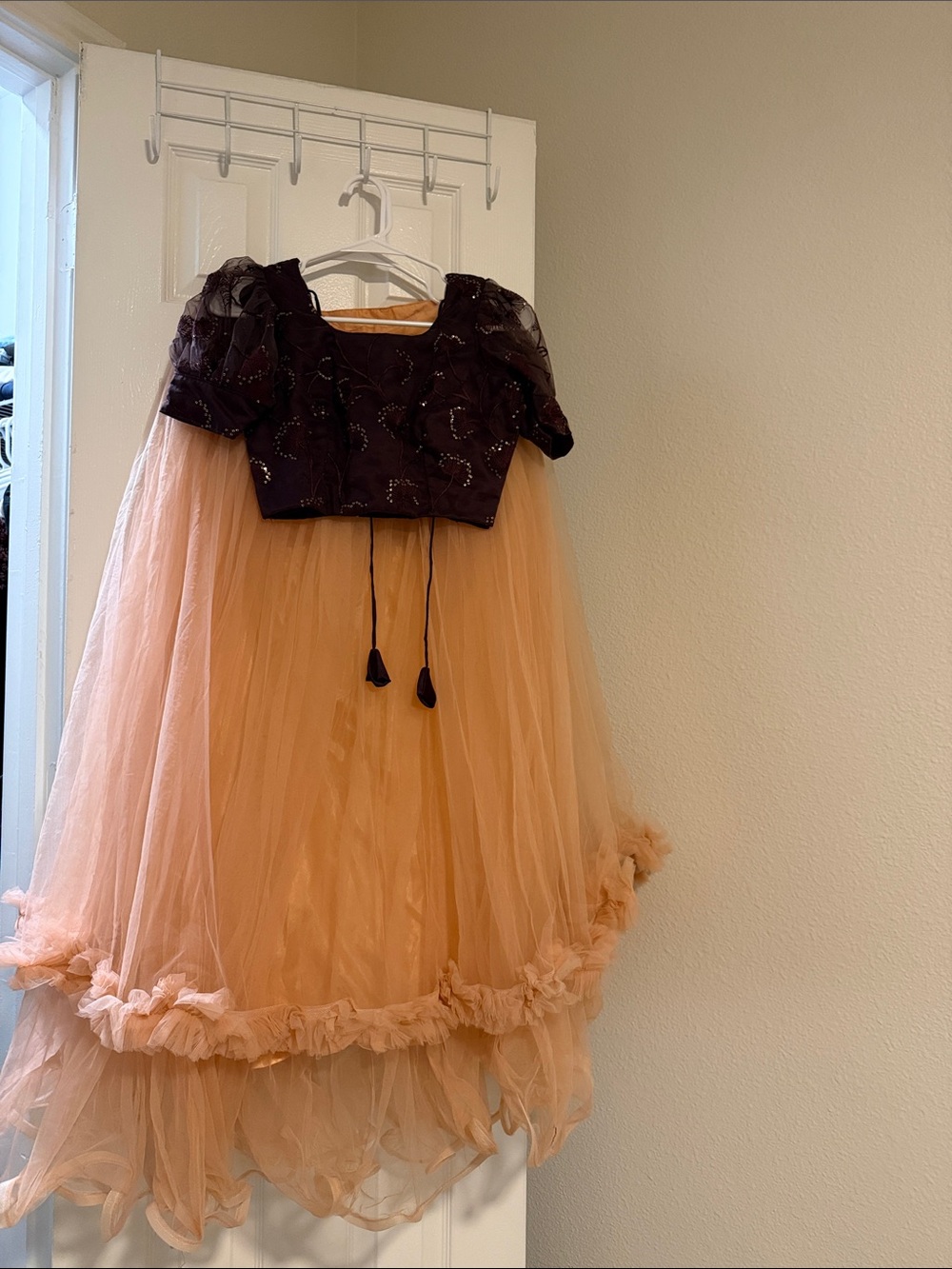 Kids Peach Tulle Princess Costume Dress with Dark Plum Bodice